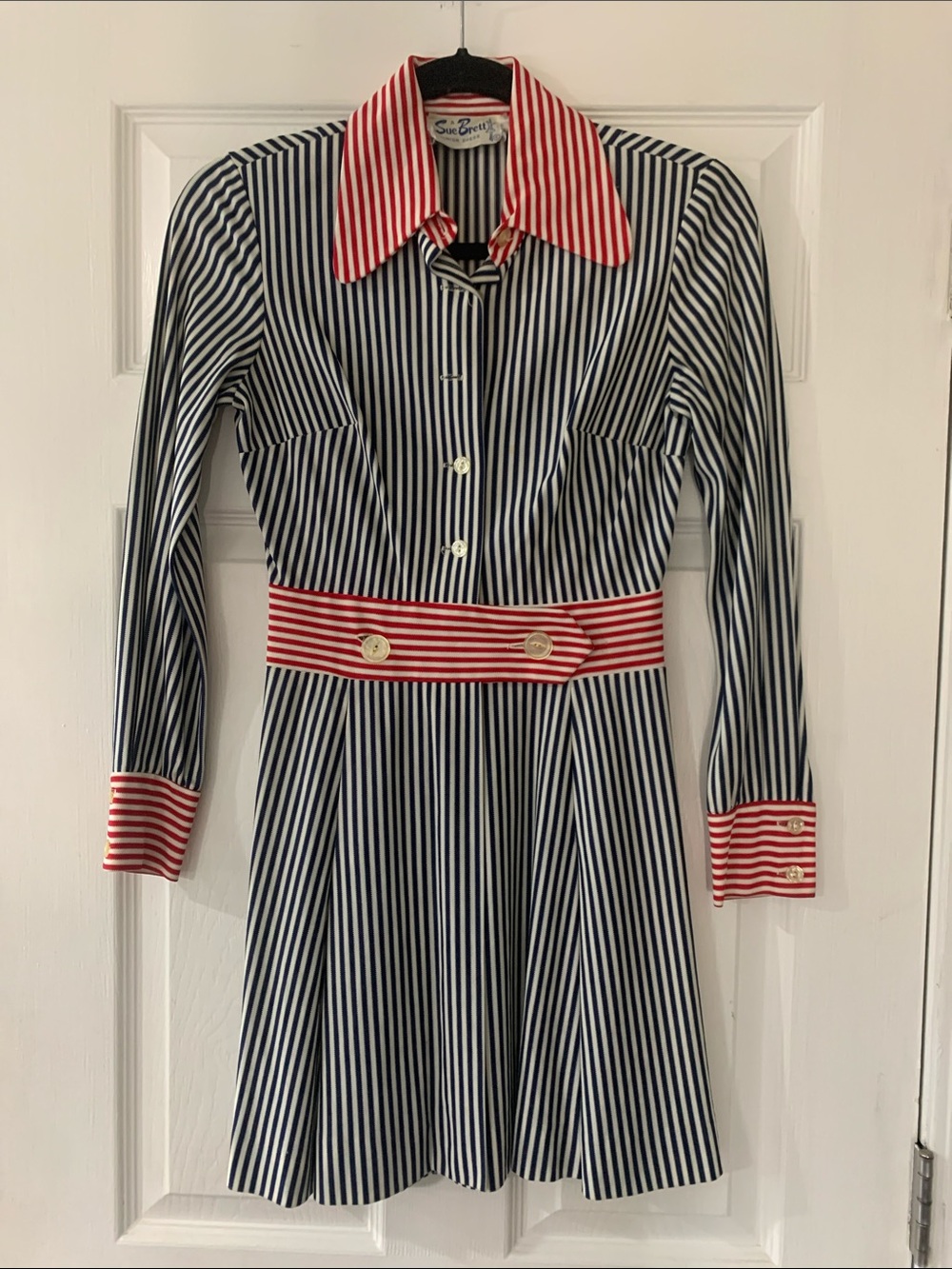 Navy & Red Striped Sue Brett Vintage Nautical Dress with Contrast Collar